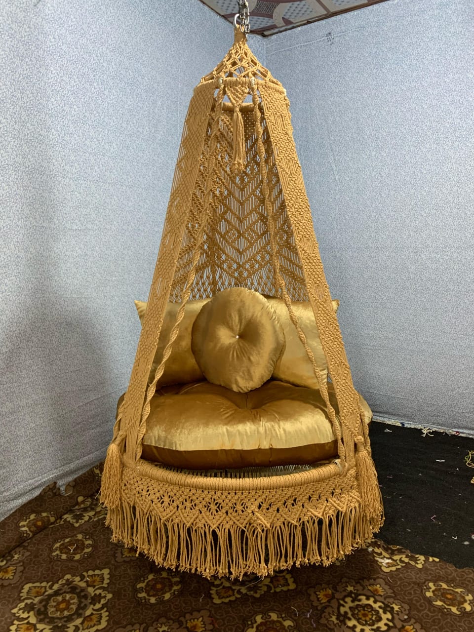 Golden Yellow Macrame Swing Chair – Cozy Hanging Hammock with Round Cushion