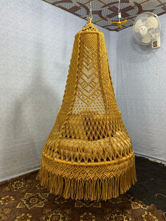 Golden Yellow Macrame Swing Chair – Cozy Hanging Hammock with Round Cushion