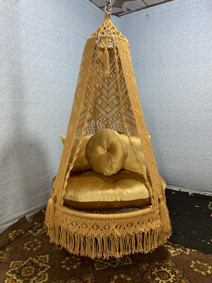Golden Yellow Macrame Swing Chair – Cozy Hanging Hammock with Round Cushion