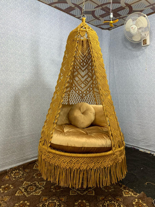 Golden Yellow Macrame Swing Chair – Cozy Hanging Hammock with Round Cushion